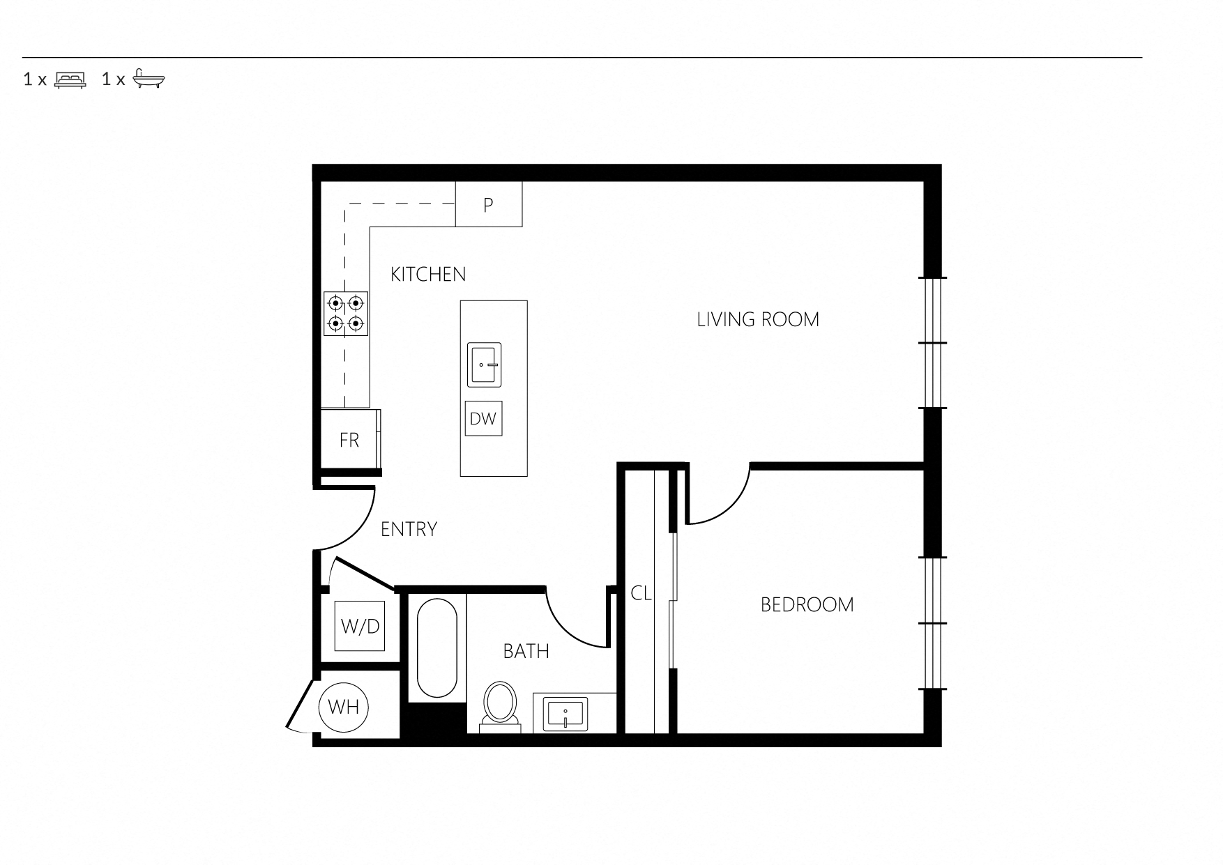 Floor plan for 1 bed, 1 bath, 721 sqft